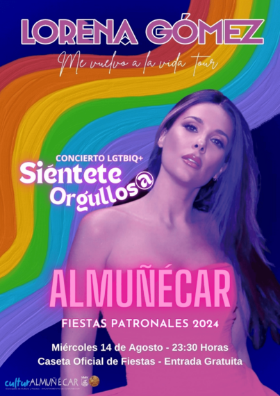 Cartel que anuncia el concierto de Lorena Gómez en Almuñécar el 14 de Agosto de 2024 presentando su Me vuelvo a la vida Tour